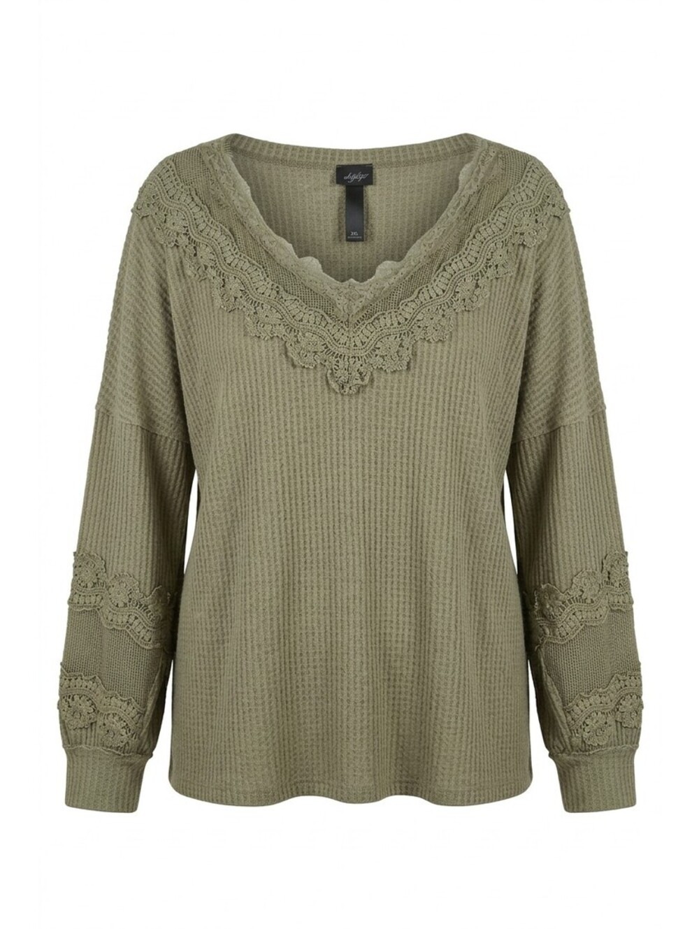 Boho Olive Green Long Sleeve Crochet Applique VNeck Cozy Waffle Knit Blouse 5089